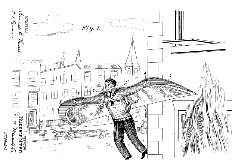 a patent drawing for an old-timey fire escape tool where the user wears wings